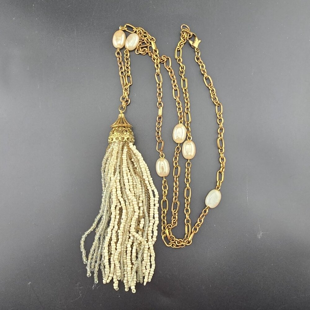 Gold-Tone Beaded Lariat Tassel Necklace With Faux Pearls & Long Chain 36"